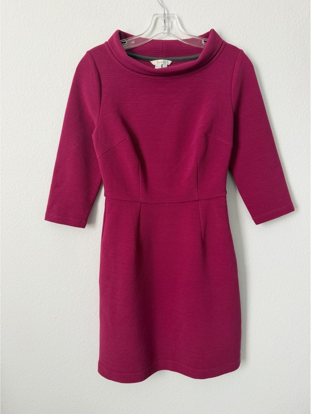 BODEN 3/4 Sleeve Cowl Neck Ribbed Magenta Pink Sheath Dress Size 4 petite